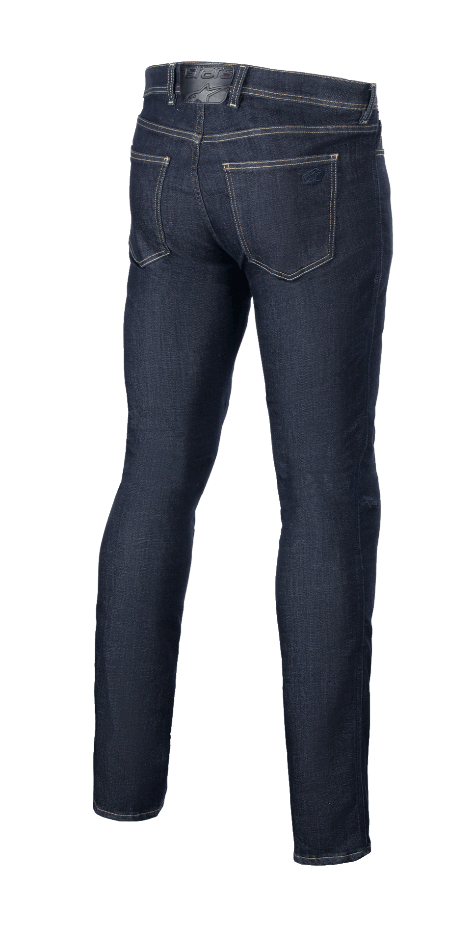 Alpinestars Cult-8 Stretch Denim bukser, Rinse Blue, set bagfra, fem-lommers design med tonalt logo-broderi på baglommen, afslappet regulær pasform med lige ben, beskyttende motorcykeljeans