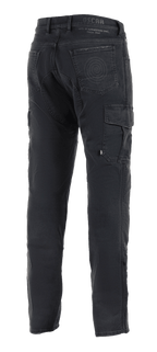 Alpinestars Barton Riding Cargo bukser, sorte motorcykelbukser, set bagfra med cargolomme på siden, baglommer med spirallogo-detalje, Oscar by Alpinestars branding på linningen, afslappet strikket stof i denim-stil.
