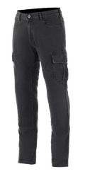 Alpines tars Bart on Ridin g Cargo Pants, mo torcykelb ukser til  bykørsel , Rinse P lus Black , med car golommer  med klap per, bælt eløkker o g en tape red pasfo rm, afslap pet stonew ashed den im-look i  slidstær k tekstil konstrukt ion