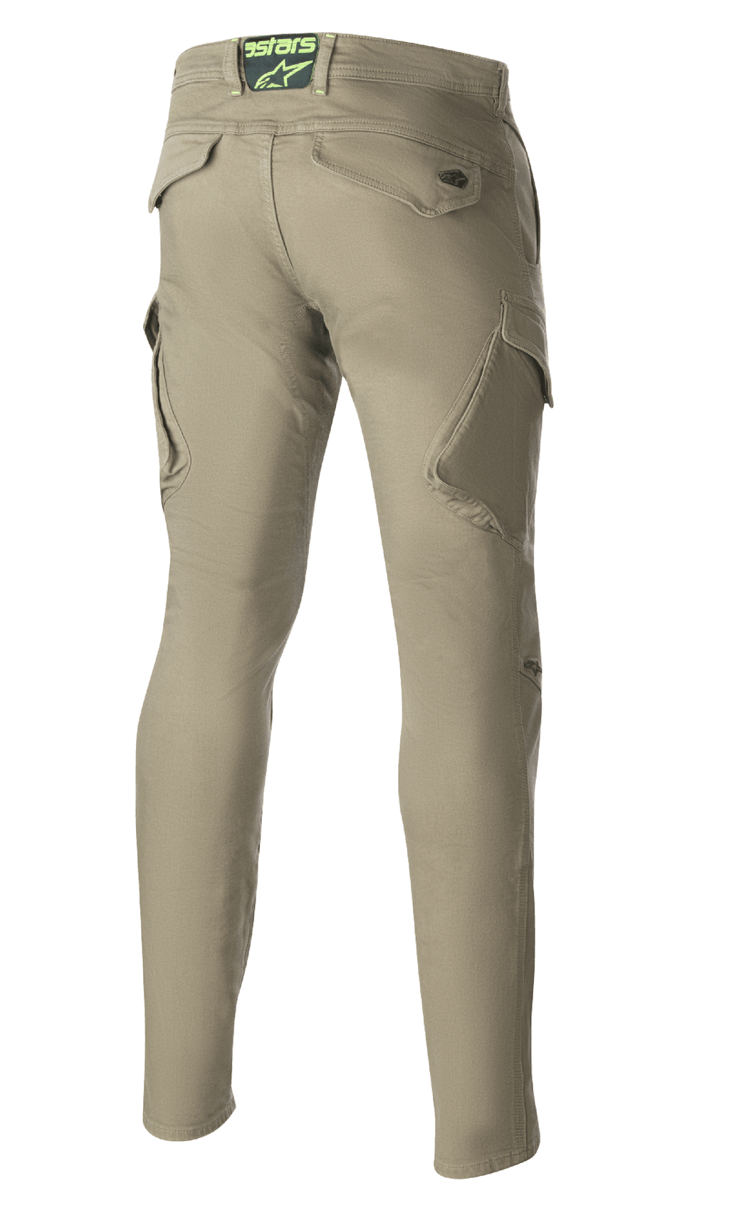 Alpinestars Caliber Slim Fit Tech Riding Pants, Military Green, set bagfra med vinklede cargolommer og en slank tilspidset silhuet, Astars-logo på den bagerste linning, holdbare motorcykelbukser i urban kampstil