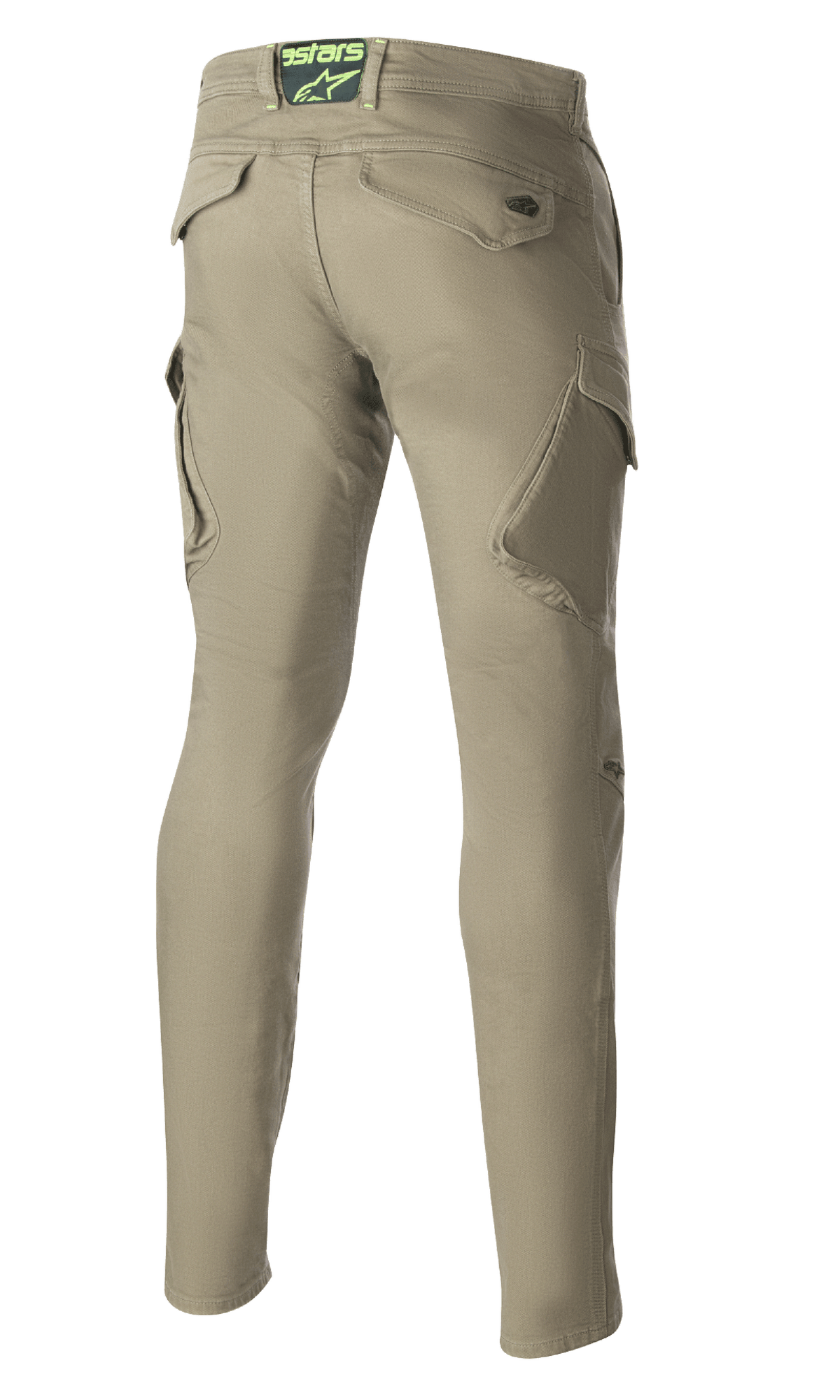 Alpinestars Caliber Slim Fit Tech Riding Pants, Military Green, set bagfra med vinklede cargolommer og en slank tilspidset silhuet, Astars-logo på den bagerste linning, holdbare motorcykelbukser i urban kampstil