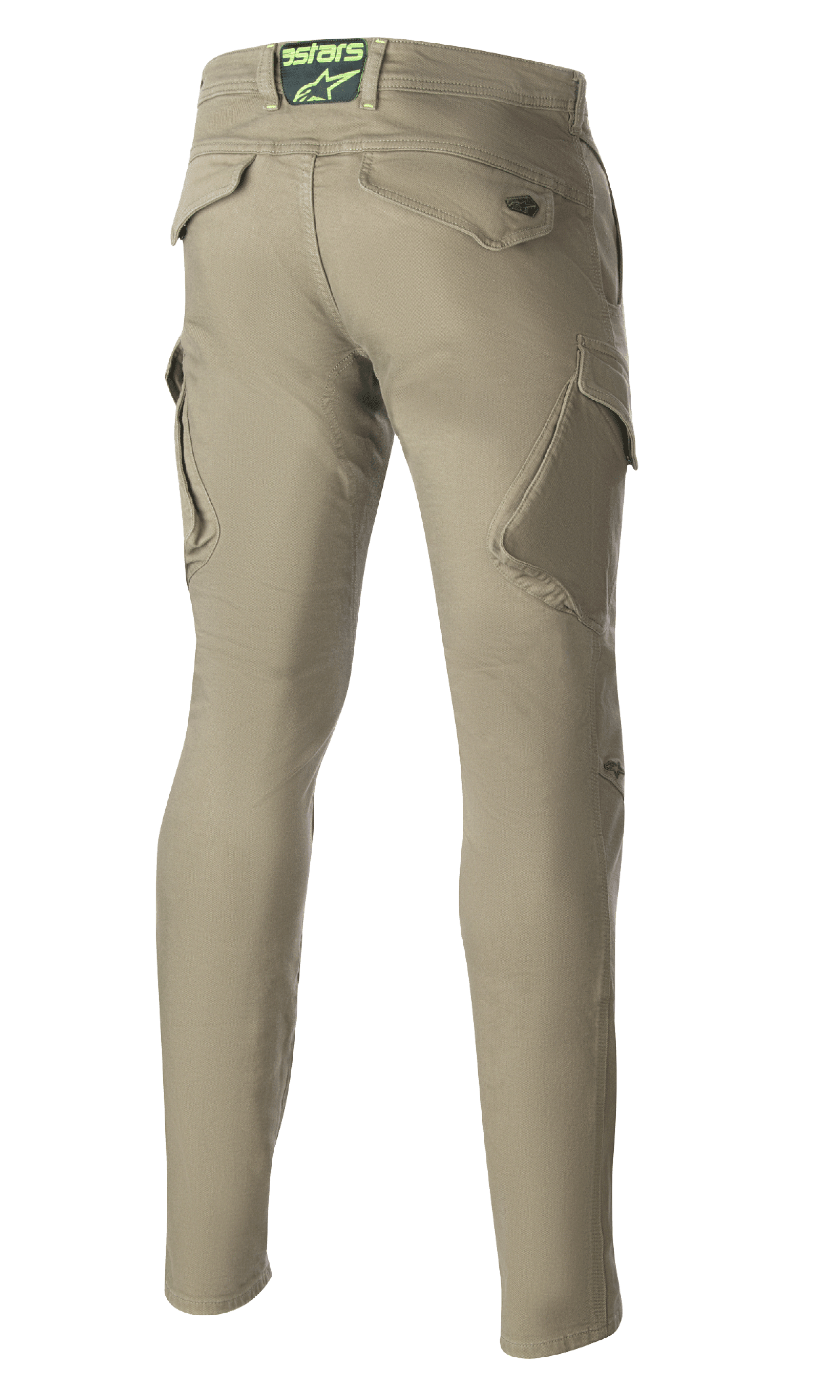 Alpinestars Caliber Slim Fit Tech Riding Pants, Military Green, set bagfra med vinklede cargolommer og en slank tilspidset silhuet, Astars-logo på den bagerste linning, holdbare motorcykelbukser i urban kampstil