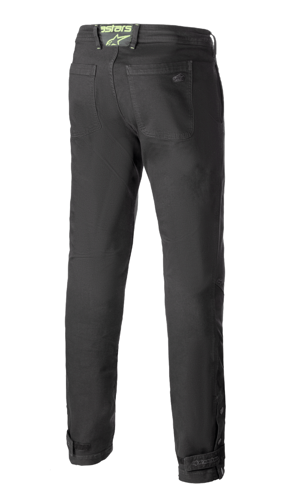 Alpinestars Stratos Regular Fit Tech Riding Pants, Motorcycle Riding Pants, Anthracite Gray, back view featuring tapered fit, back pockets, neon green Alpinestars logo on waistband, and adjustable calf closures