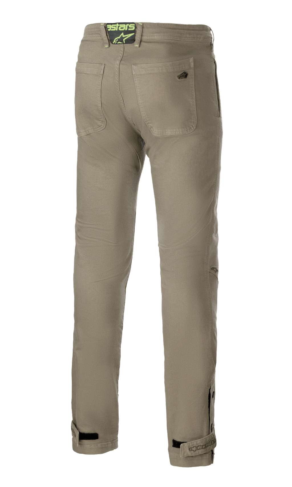 Alpinestars Stratos Regular Fit Tech Riding Pants, Military Green, back view featuring two rear pockets and a neon green logo patch on the waistband, tapered legs with adjustable ankle straps, casual street-style motorcycle pants