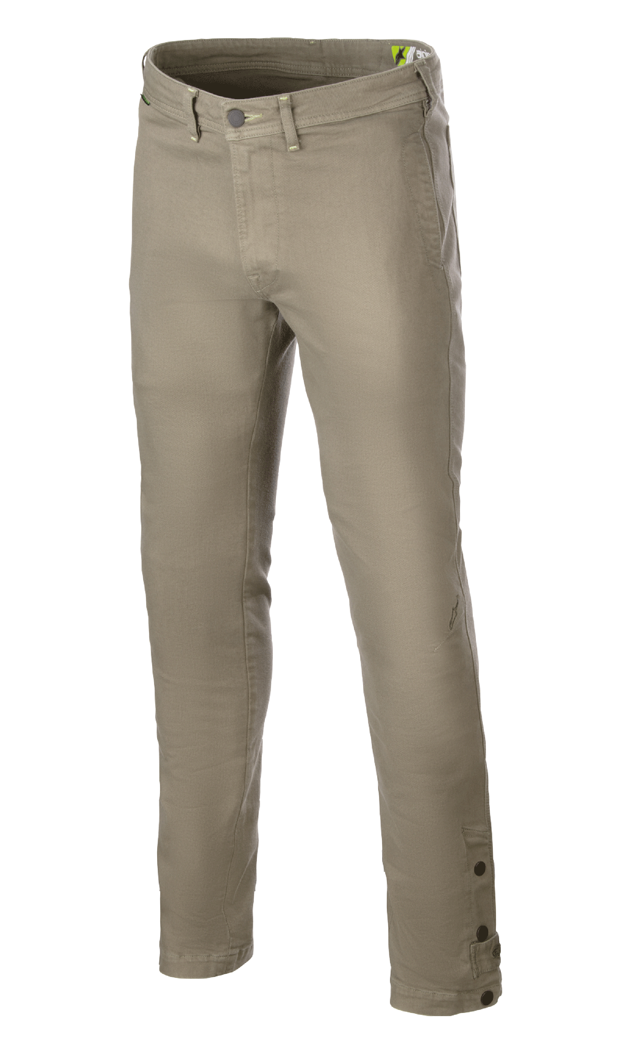 Alpinestars Stratos Regular Fit Tech Riding Pants, Motorcycle Riding Pants, Military Green, featuring a tapered design, button and zip closure, belt loops, and adjustable buttons at the ankle