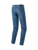 Alpinestars Radon Regular Fit jeans, blå motorcykeljeans til herrer, set bagfra med logosyninger på lommerne.