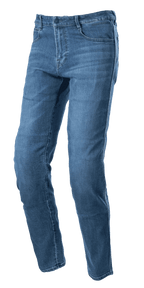 Alpinestars Radon Regular Fit Denim Pants, Rinse Blue motorcycle jeans, straight-leg cut with five-pocket design, faded denim texture, button and zipper closure, durable construction for urban riding