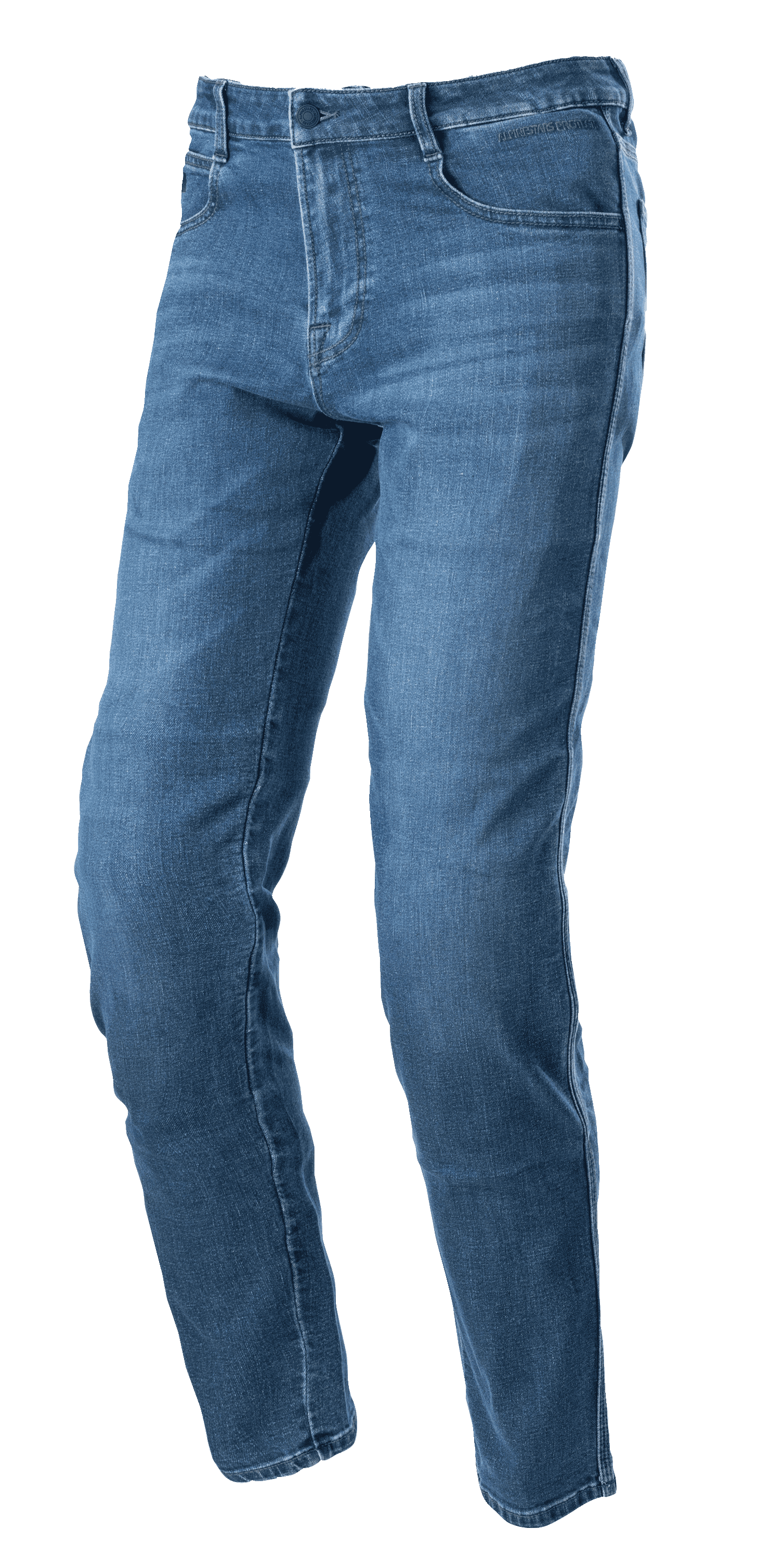 Alpinestars Radon Regular Fit Denim Pants, Rinse Blue motorcycle jeans, straight-leg cut with five-pocket design, faded denim texture, button and zipper closure, durable construction for urban riding