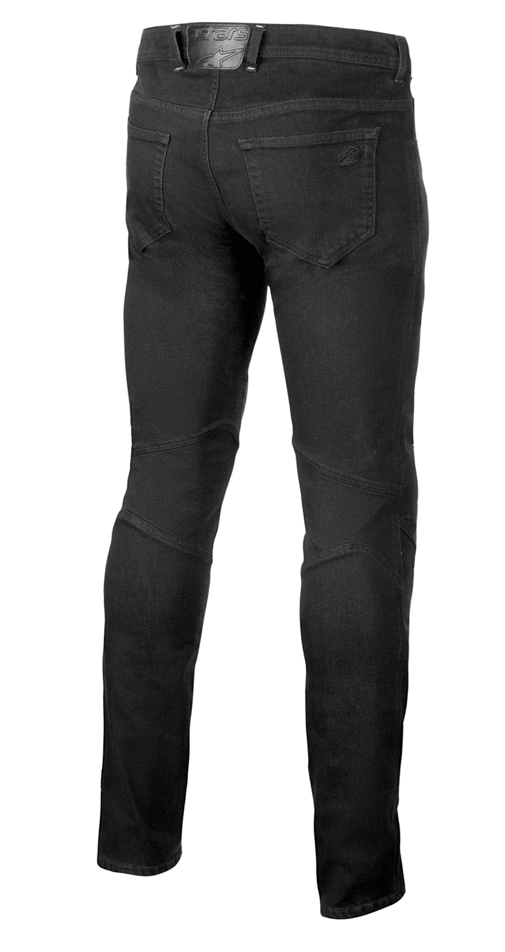 Alpinestars Radium V2 Denim bukser, motorcykeljeans, Black Rinse, set bagfra med fem-lomme styling, tonalt branding på baglommen og taljen, samt konstruerede syninger på bagsiden af knæene for en tilspidset pasform