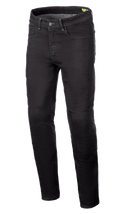 Alpinestars Radium V2 Denim bukser, motorcykel jeans, Black Rinse, med regulært tilspidset ben, fem-lomme design, bælteløkker, knap- og lynlåslukning, mørkt denimstof