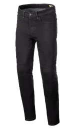 Alpinestars Radium V2 Denim bukser, motorcykel jeans, Black Rinse, med regulært tilspidset ben, fem-lomme design, bælteløkker, knap- og lynlåslukning, mørkt denimstof