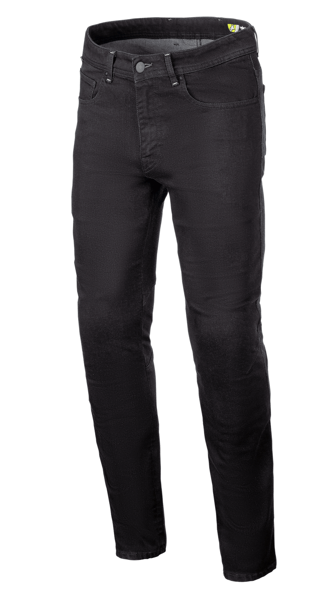 Alpinestars Radium V2 Denim Pants, Motorcycle Riding Jeans, Black Rinse, featuring a regular tapered leg, five-pocket design, belt loops, button and zipper closure, dark denim fabric