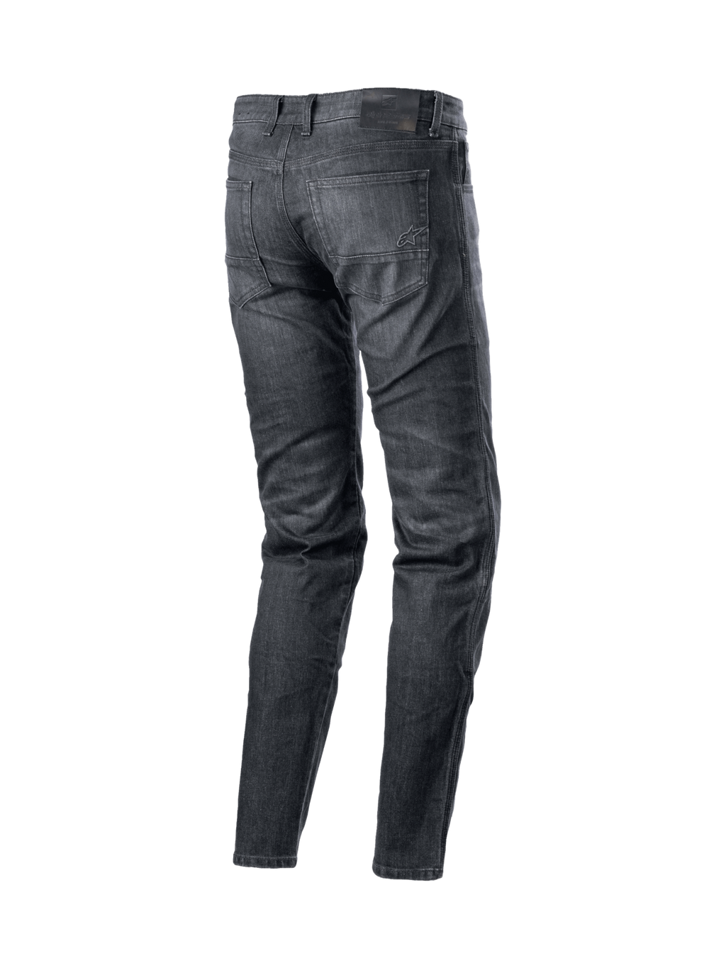 Alpinestars Sektor Regular Fit Jeans, herre-motorcykeljeans, sort vasket denim, set bagfra med Nucleon Plus knæbeskyttere