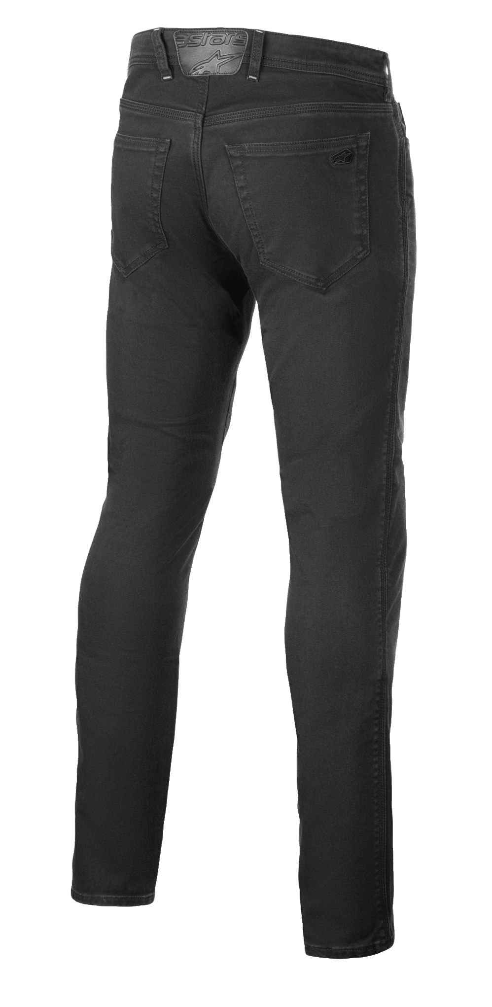 Alpinestars Copper V3 Denim bukser, motorcykeljeans, Black Rinse, set bagfra viser baglommer og læderlap i taljen med tonet branding, regulær komfort-pasform med lige ben