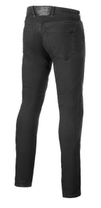 Alpinestars Copper V3 Denim bukser, motorcykeljeans, Black Rinse, set bagfra viser baglommer og læderlap i taljen med tonet branding, regulær komfort-pasform med lige ben