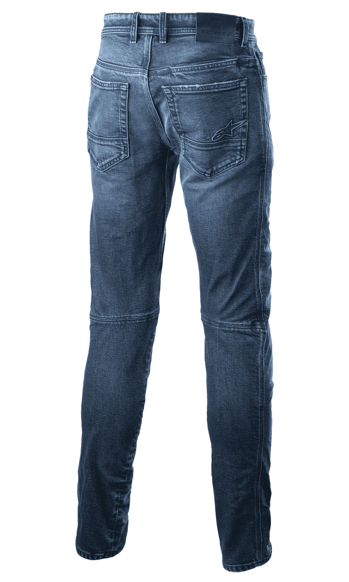 Alpinestars Argon Slim Fit Denim Pants, Motorcycle Riding Jeans, Mid Blue, back view showing rear pockets with embroidered star logo, slim fit silhouette, and technical denim construction for urban riding