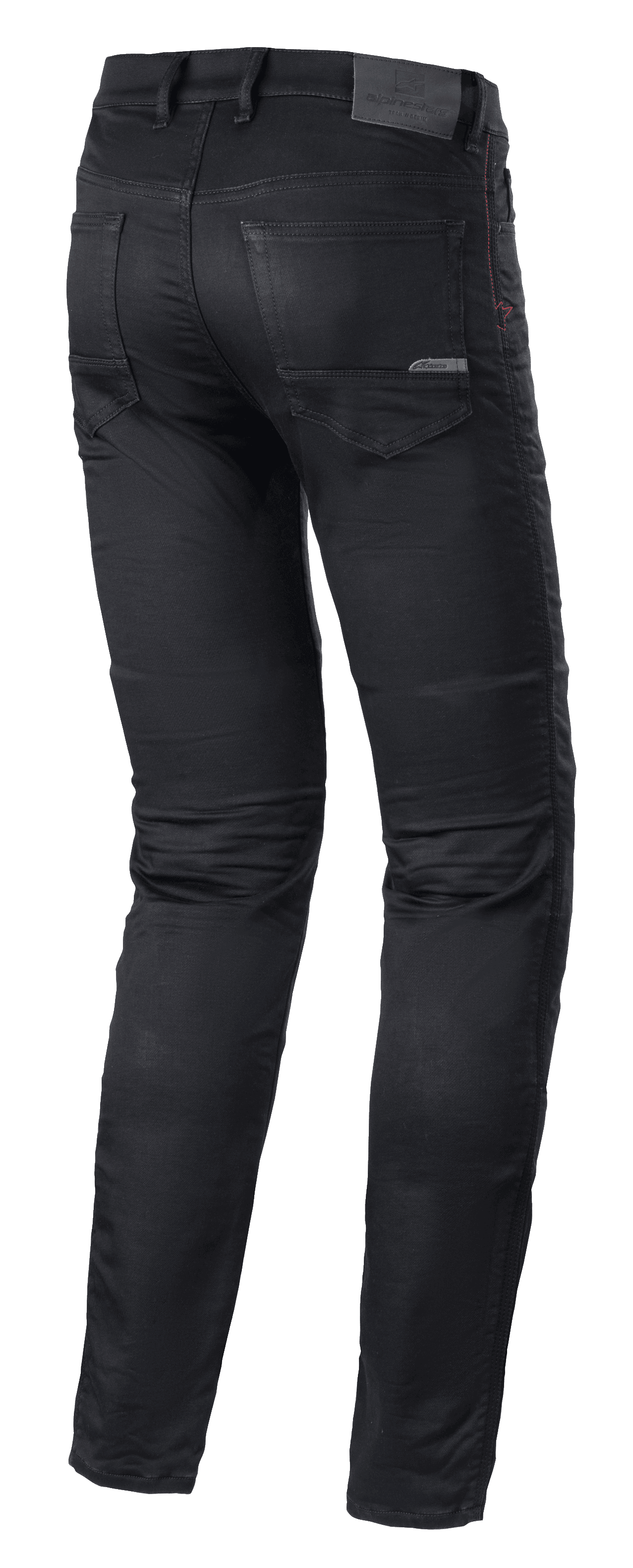 Alpinestars Cerium Tech Stretch Riding Denim, Motorcycle Riding Jeans, Black Rinse, slim fit design, back view featuring pre-shaped leg construction, rear pockets, and leather waist patch with embossed branding