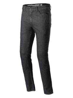 Alpinestars Cerium Denim Tech motorcykelbukser, motorcykeljeans, vasket sort, slim fit, klassisk fem-lomme-design, kraftig denimkonstruktion, bælteløkker, knap- og lynlåslukning, moderne urbant køreudstyr