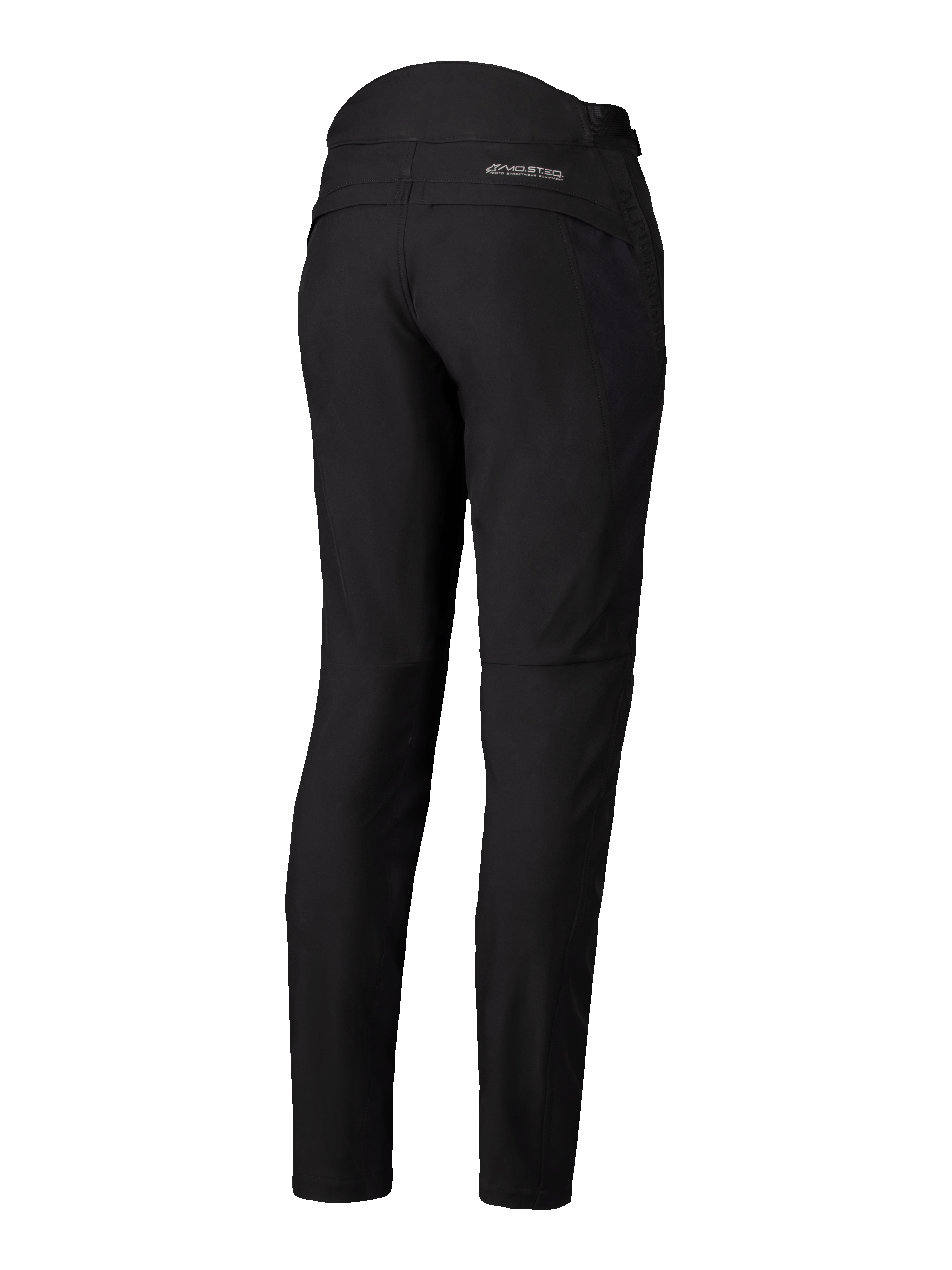 Alpinestars Alamosa damebukser, sort, set bagfra, slim fit softshell tekstilbukser med MO.ST.EQ. logo på bagstykket, quiltede detaljer ved den øverste del af taljen bagpå, minimalistisk urbant motorcykeludstyr