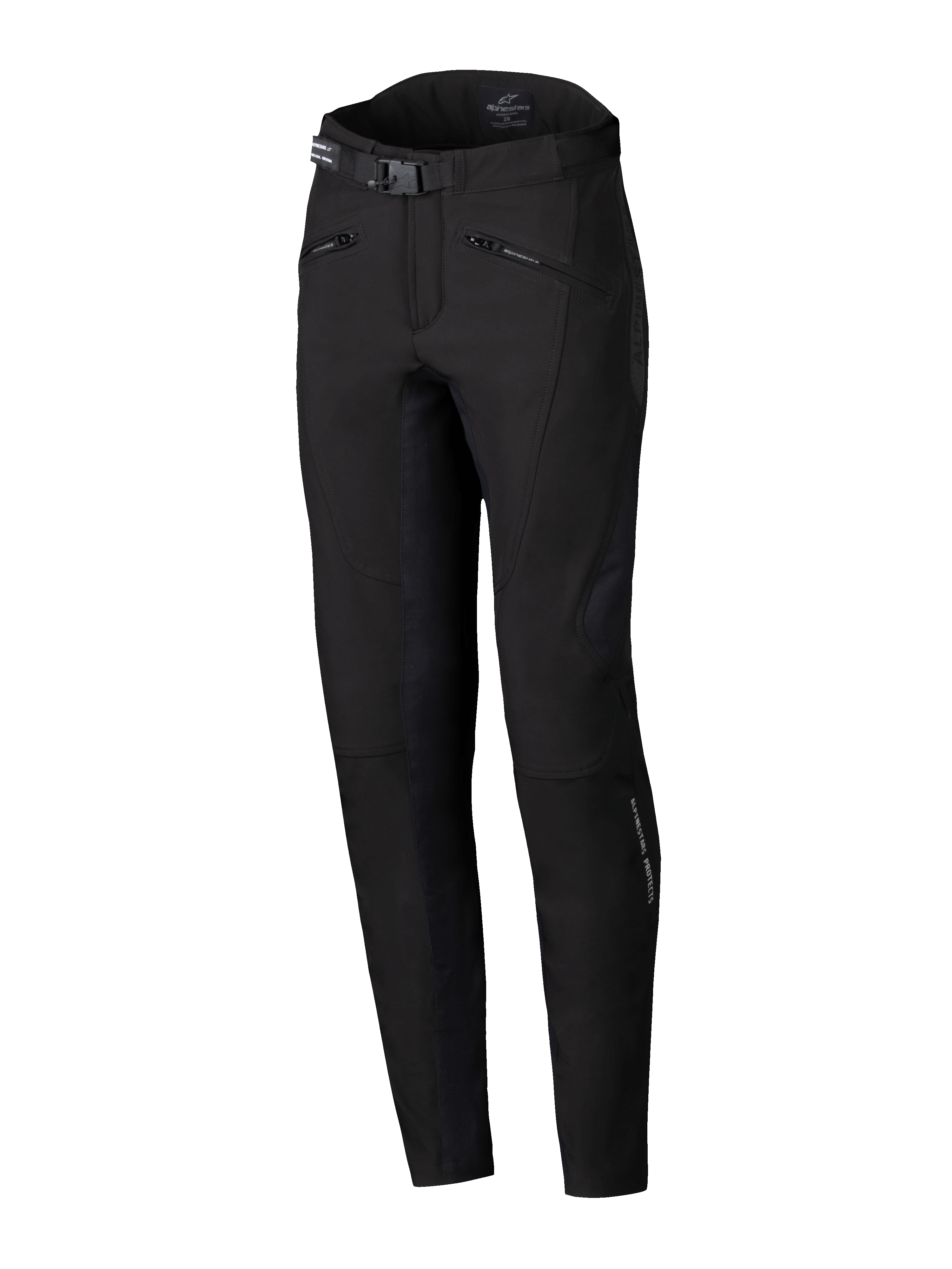 Alpinestars Alamosa damebukser, urbane motorcykelbukser, sort, slank præstationspasform, med taljebælte med spænde, lynlåslommer og ergonomisk teknisk stretch-softshellmateriale, minimalistisk streetwear-inspireret design