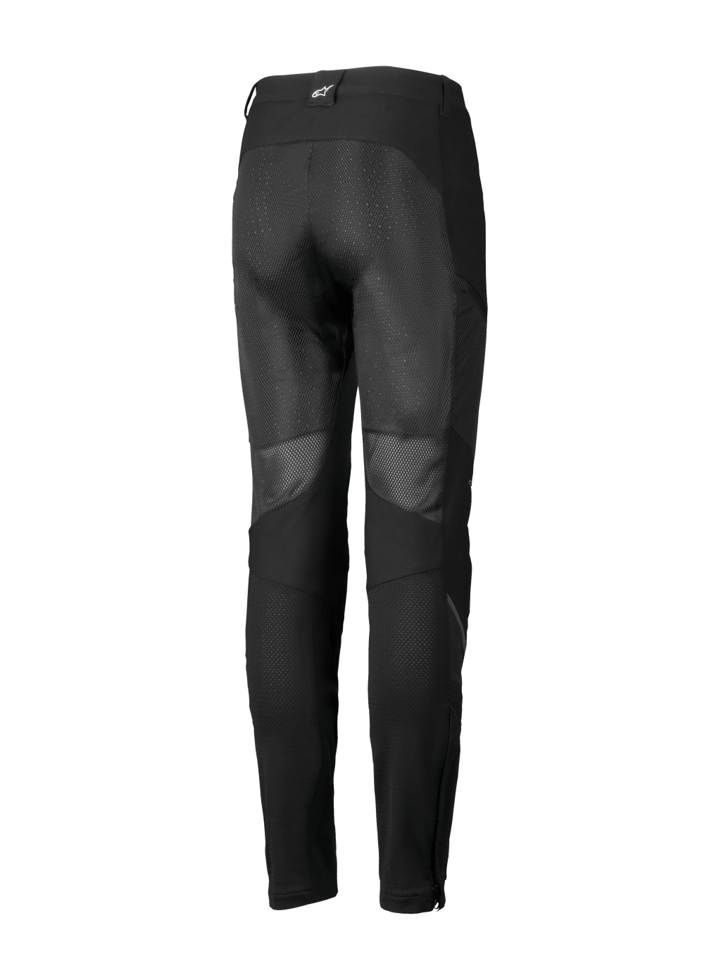 Alpinestars Stella Troop-Air bukser, motorcykelbukser til kvinder, sort, set bagfra med store mesh-ventilationspaneler på bagsiden af benene, tekstilkonstruktion og et lille hvidt logo på den bagerste bæltestrop.