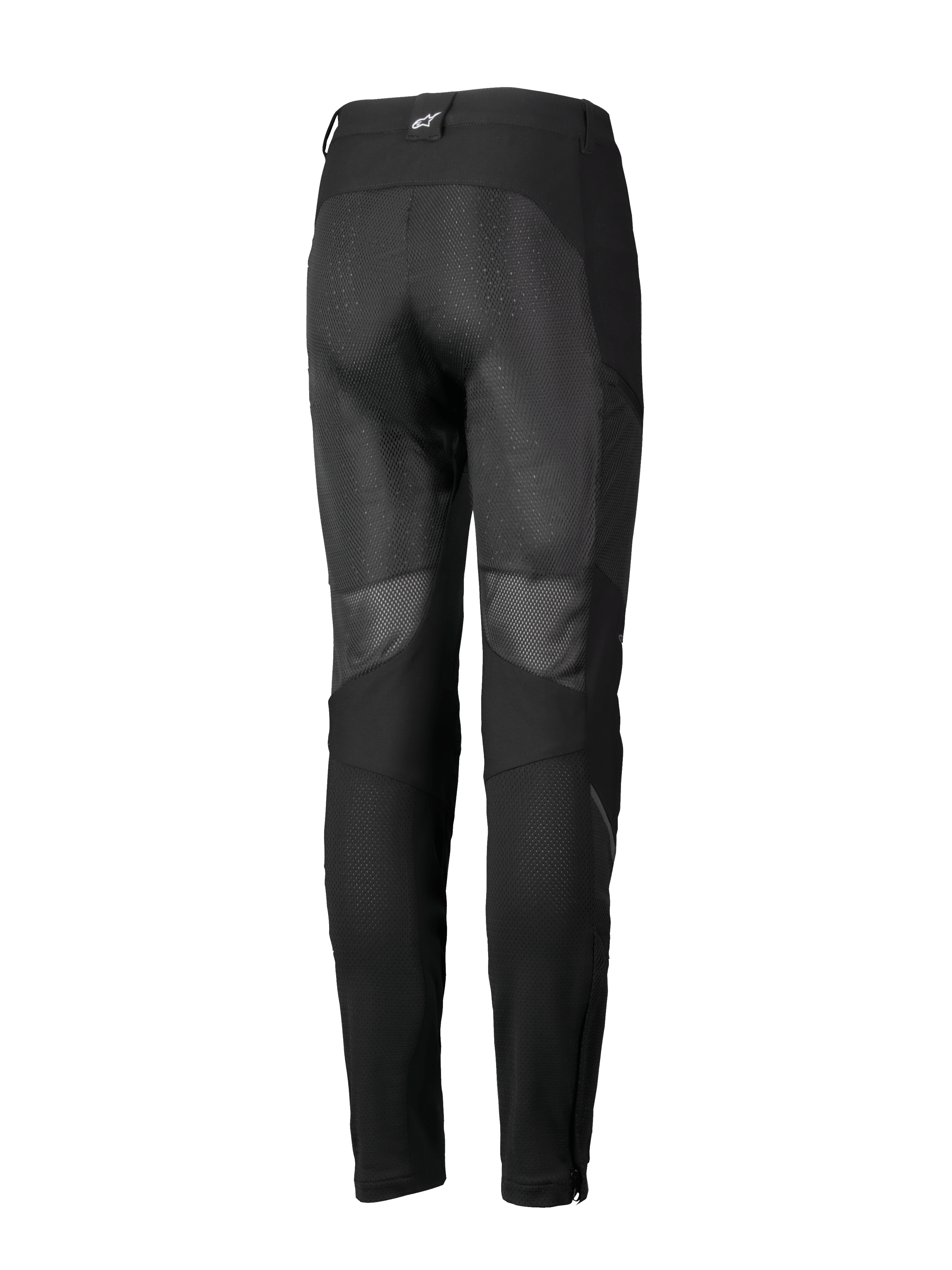 Alpinestars Stella Troop-Air bukser, motorcykelbukser til kvinder, sort, set bagfra med store mesh-ventilationspaneler på bagsiden af benene, tekstilkonstruktion og et lille hvidt logo på den bagerste bæltestrop.