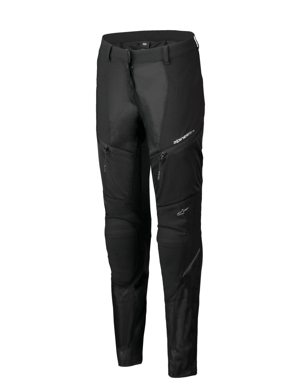 Alpinestars Stella Troop-Air bukser, motorcykelbukser til damer, sort, med omfattende mesh-ventilationspaneler, lynlåslommer og teknisk sports-fit design med hvide Alpinestars-logoer