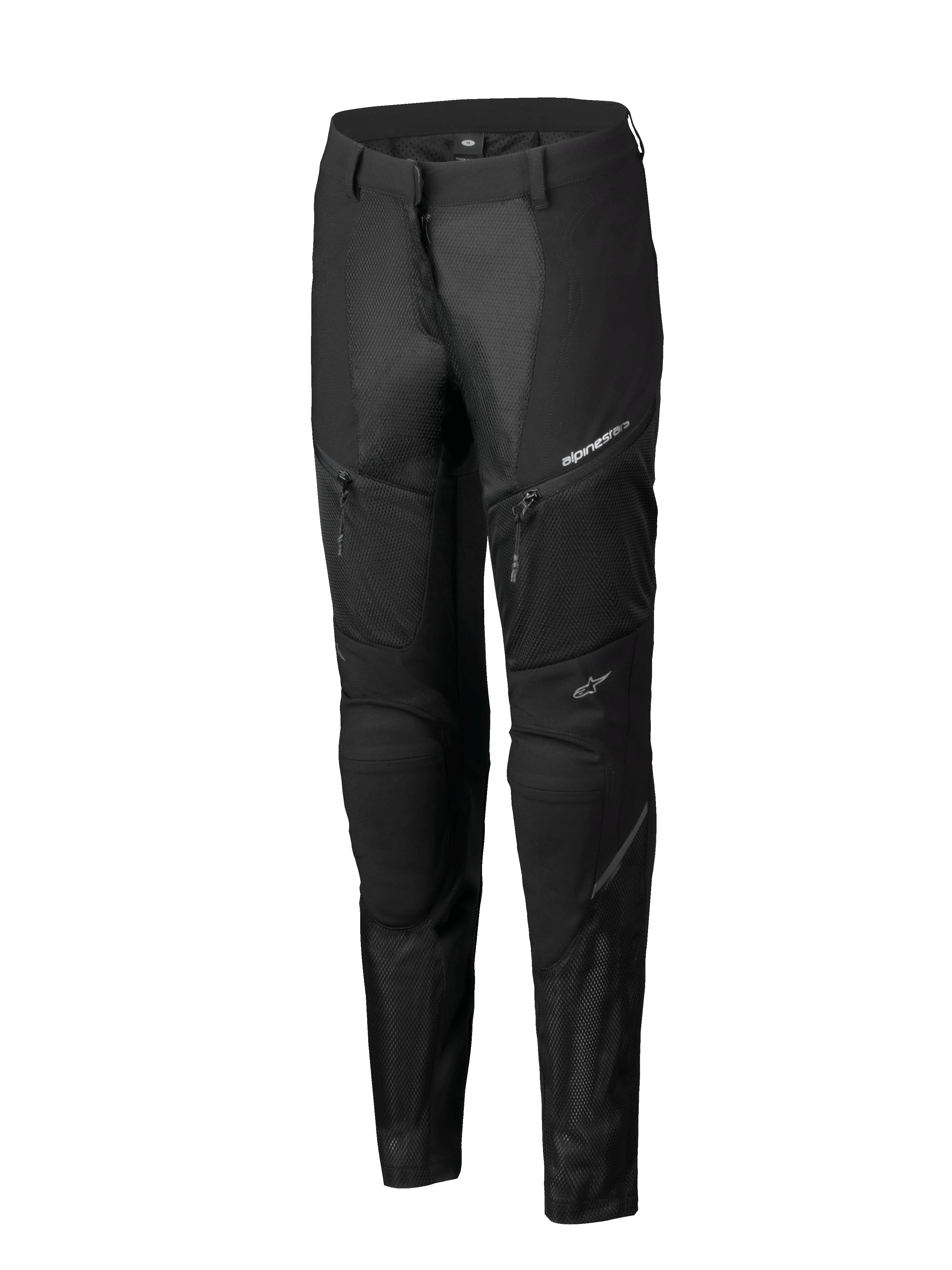 Alpinestars Stella Troop-Air bukser, motorcykelbukser til damer, sort, med omfattende mesh-ventilationspaneler, lynlåslommer og teknisk sports-fit design med hvide Alpinestars-logoer