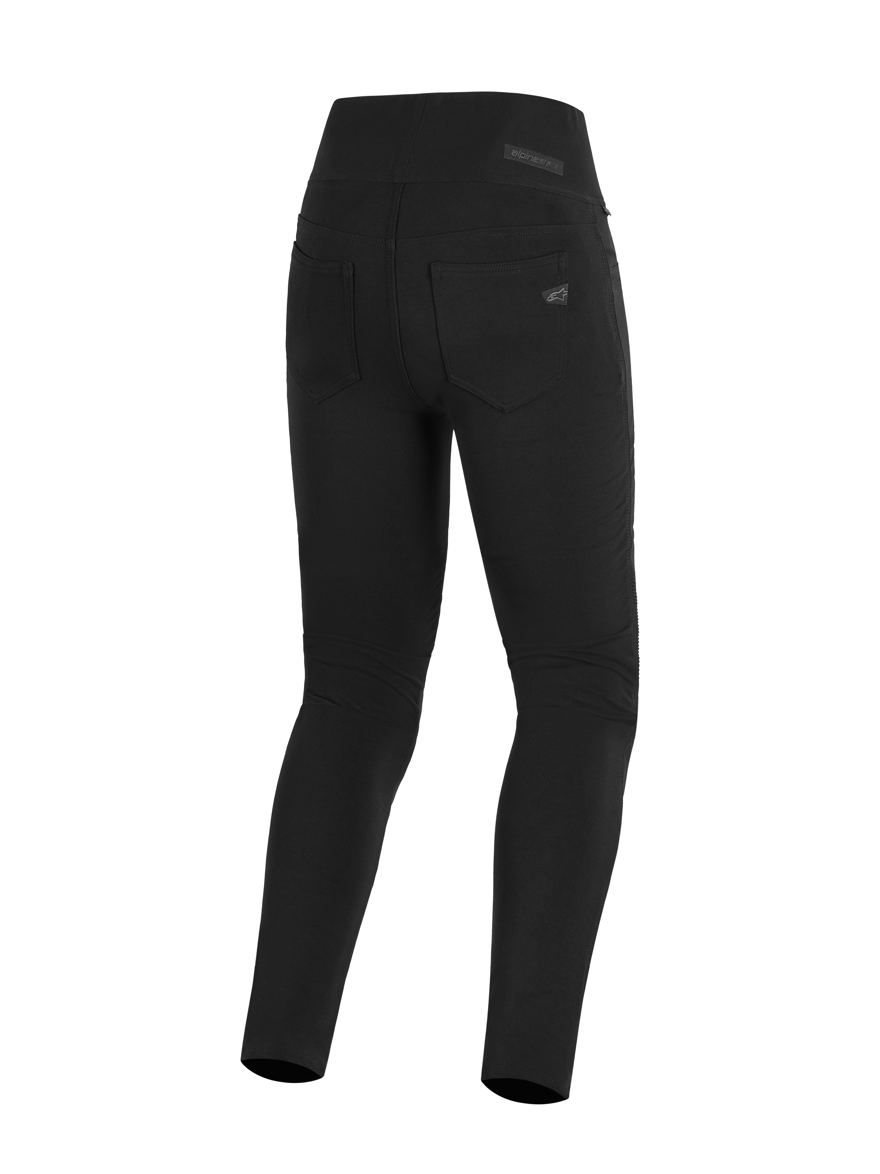 Alpinestars Stella Flex-Ast Leggings, motorcykel-leggings til kvinder, sort, set bagfra med højtaljet linning og funktionelle baglommer, strømlinet urbant køreudstyr med diskret Alpinestars-logo på lommen