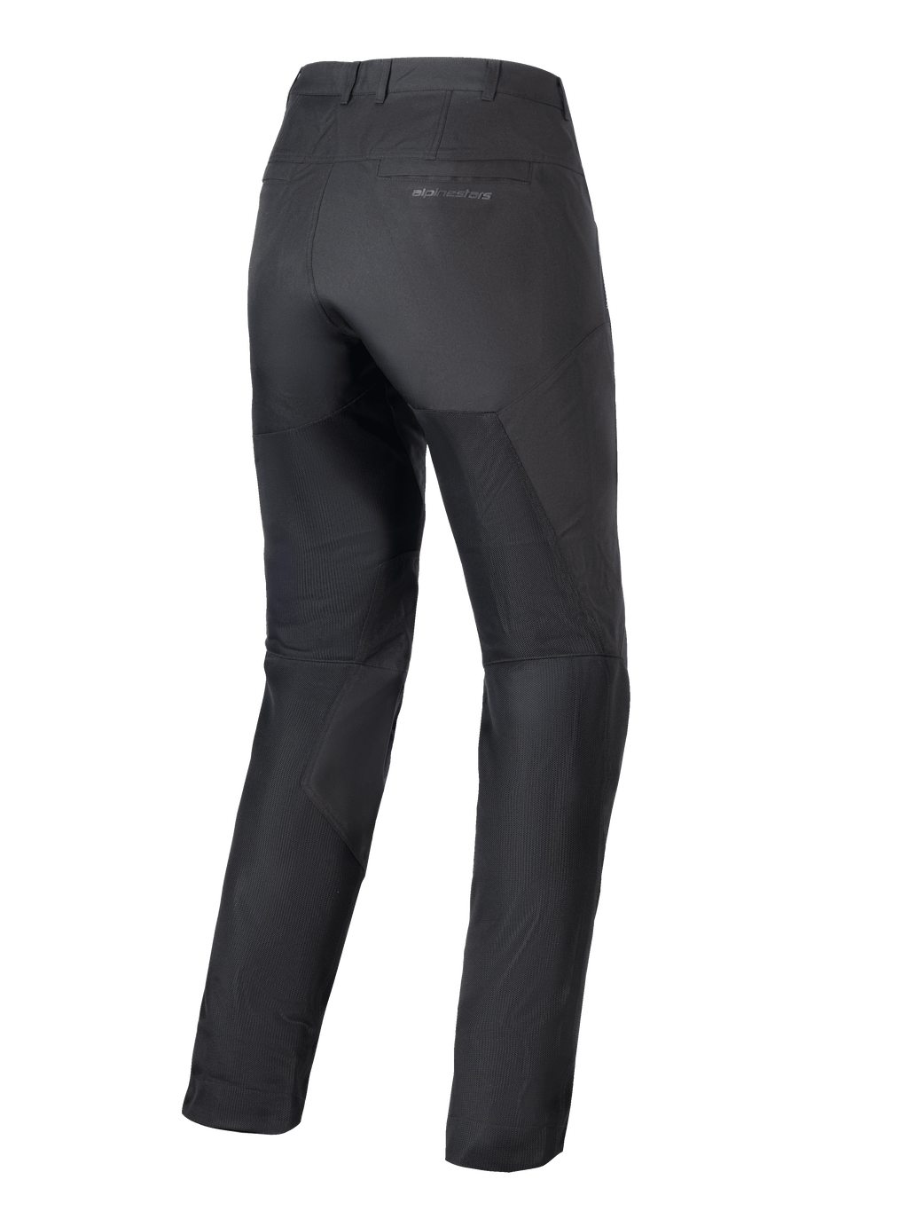 Alpinestars Stella C-1 Air bukser til damer, sorte motorcykelbukser, set bagfra, store tech mesh-paneler på benene for luftgennemstrømning, strømlinet urbant design med diskret branding på baglommen