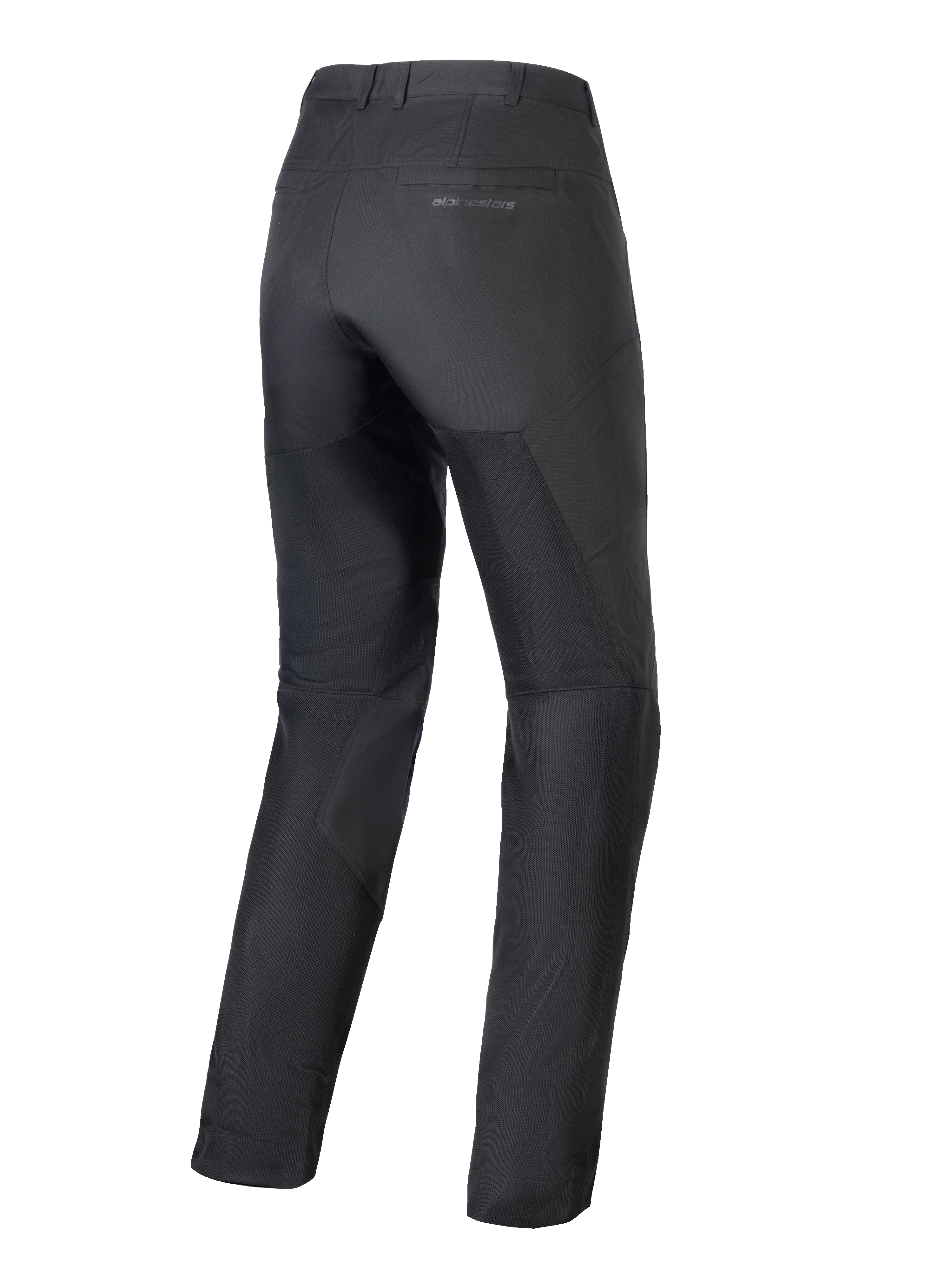 Alpinestars Stella C-1 Air bukser til damer, sorte motorcykelbukser, set bagfra, store tech mesh-paneler på benene for luftgennemstrømning, strømlinet urbant design med diskret branding på baglommen