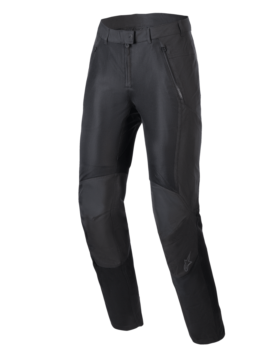 Alpinestars Stella C-1 Air bukser, urban motorcykelbukser til damer, sort, med store mesh-ventilationspaneler på forsiden, holdbar polyfabric-konstruktion og ergonomisk knædesign med integreret beskyttelse.