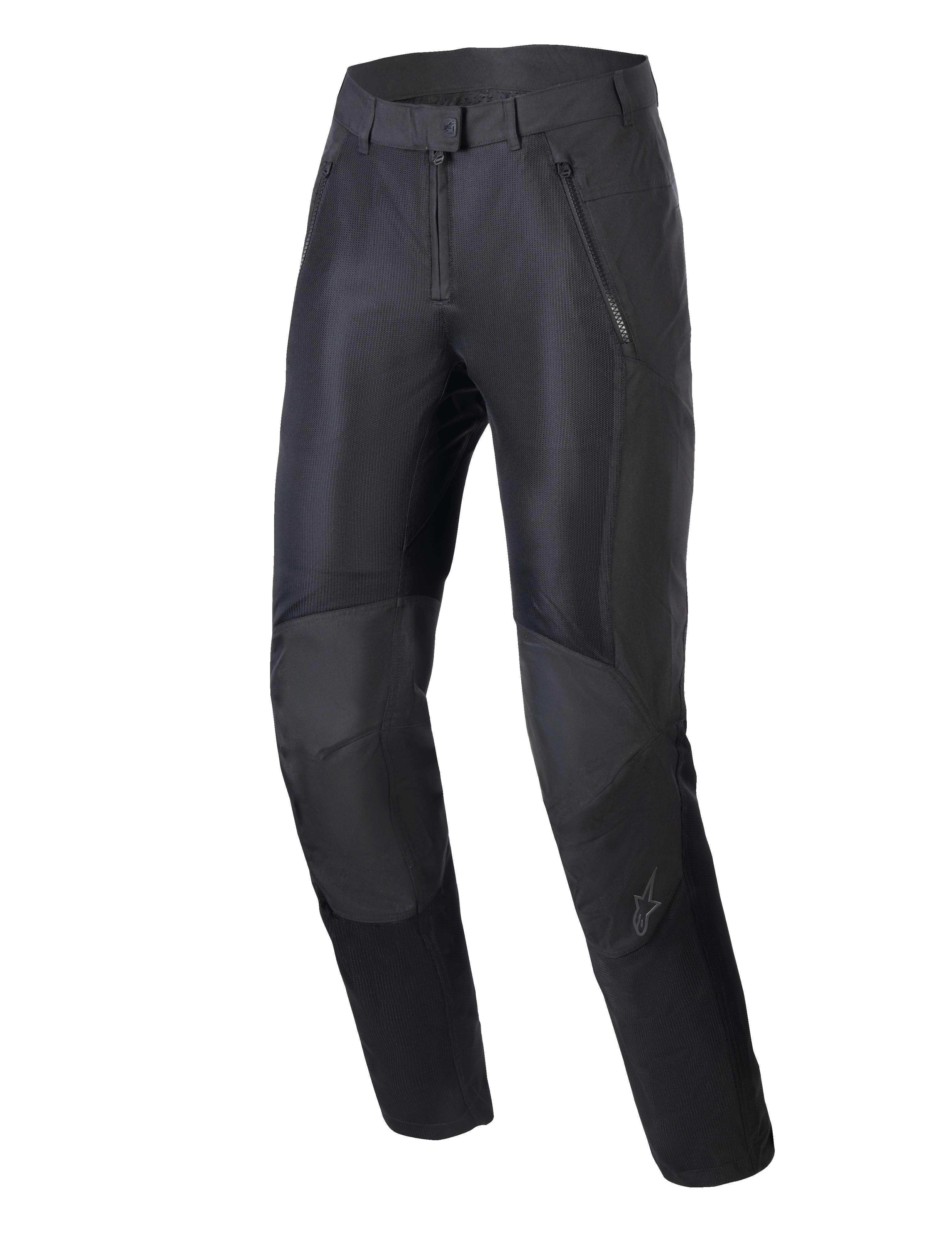 Alpinestars Stella C-1 Air bukser, urban motorcykelbukser til damer, sort, med store mesh-ventilationspaneler på forsiden, holdbar polyfabric-konstruktion og ergonomisk knædesign med integreret beskyttelse.