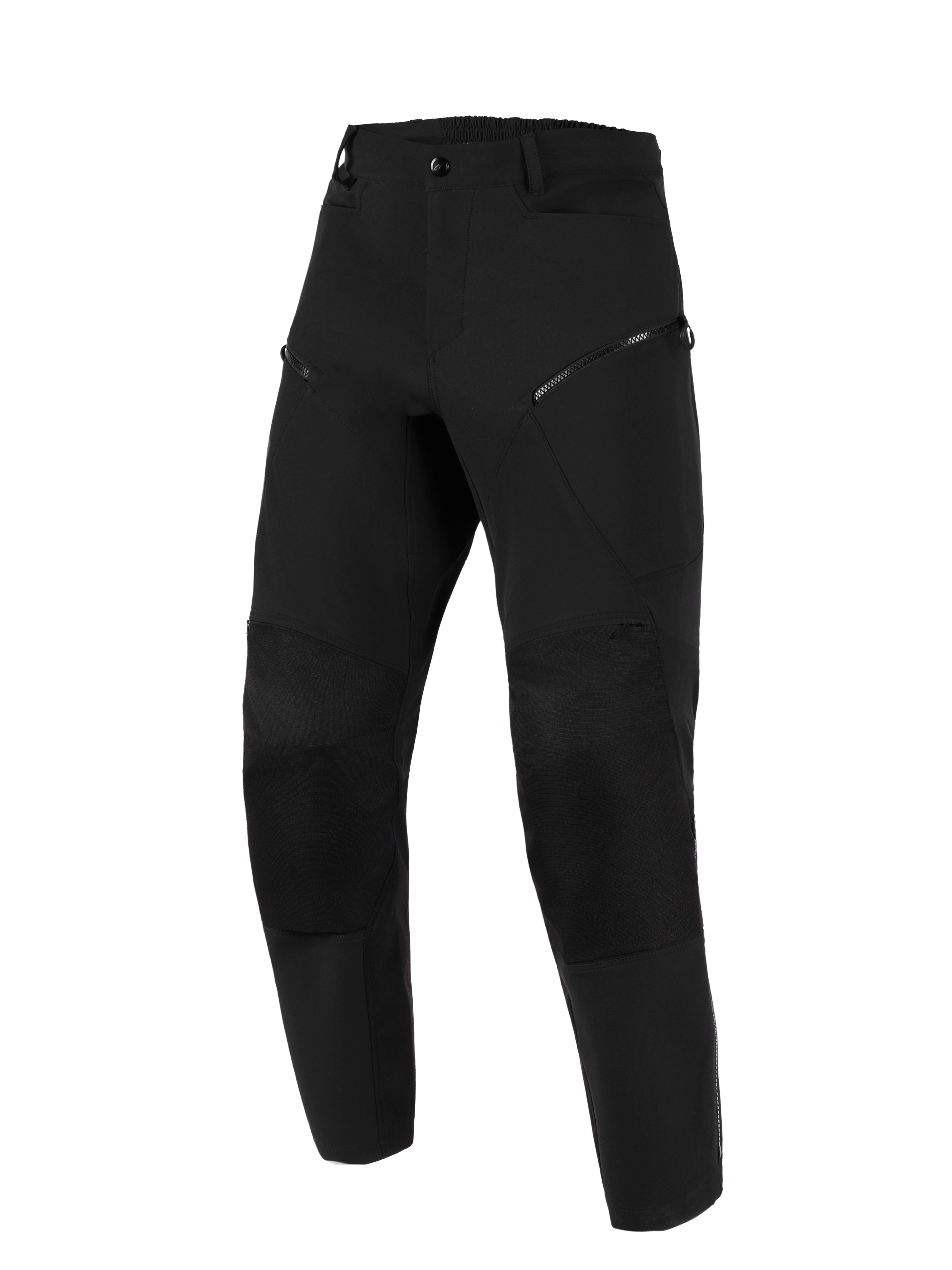 Alpinestars Stella Flex-AST Explorer Pants, Women's Motorcycle Pants, Black, front view, featuring zippered thigh pockets, reinforced knee panels, and elasticated waistband, designed for adventure touring