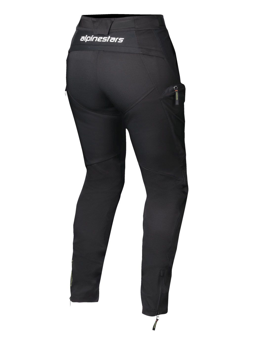 Alpinestars Actea damebukser, sort, set bagfra med hvidt logo på linningen, tilspidset silhuet med cargo-sidelomme, lynlåse ved anklerne, moderne motorcykelbukser