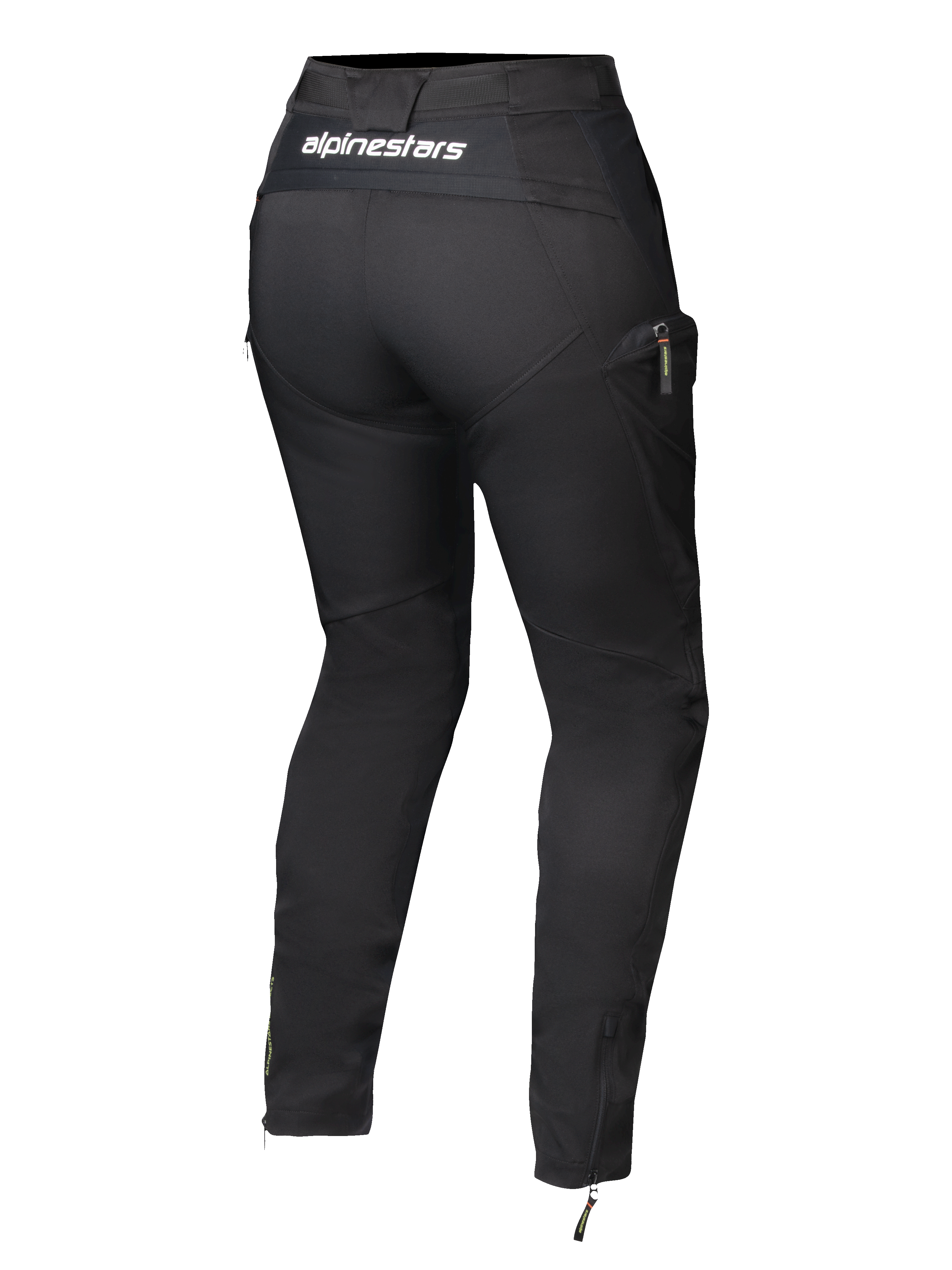 Alpinestars Actea damebukser, sort, set bagfra med hvidt logo på linningen, tilspidset silhuet med cargo-sidelomme, lynlåse ved anklerne, moderne motorcykelbukser
