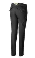 Alpinestars Caliber Tech Riding Denim til kvinder i Anthracite, set bagfra, slim fit bukser i kampstil med funktionelle cargolommer og et limegrønt astars-logo bagpå i taljen.
