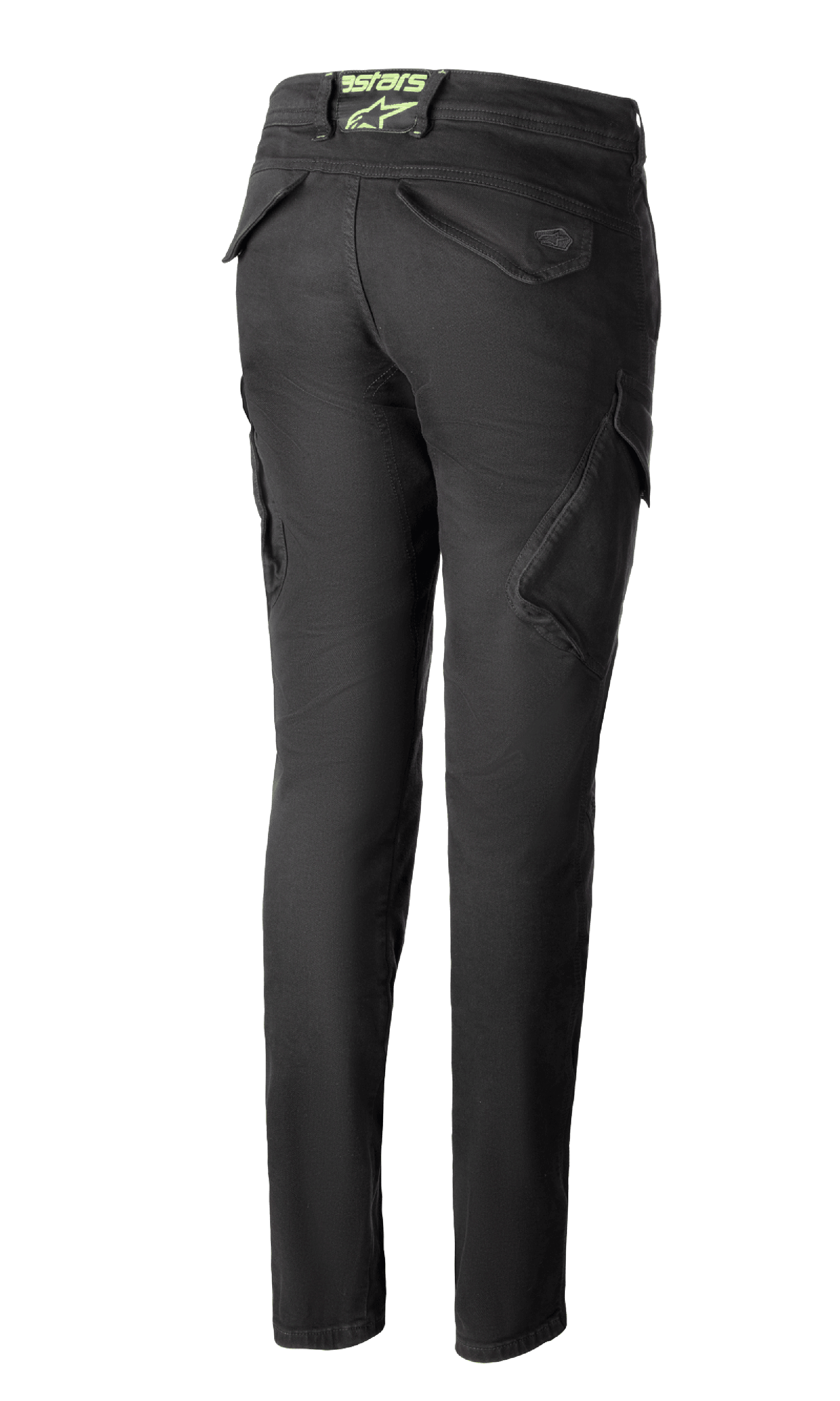 Alpinestars Caliber Tech Riding Denim til kvinder i Anthracite, set bagfra, slim fit bukser i kampstil med funktionelle cargolommer og et limegrønt astars-logo bagpå i taljen.