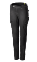 Alpinestars Caliber Women's Tech Riding Denim, antracitgrå motorcykel cargobukser, slim-fit silhuet med vinklede sidelommer med klap, bælteløkker og knap- og lynlåslukning, slidstærkt stretch Cordura-denim, urbant beskyttende køreudstyr.