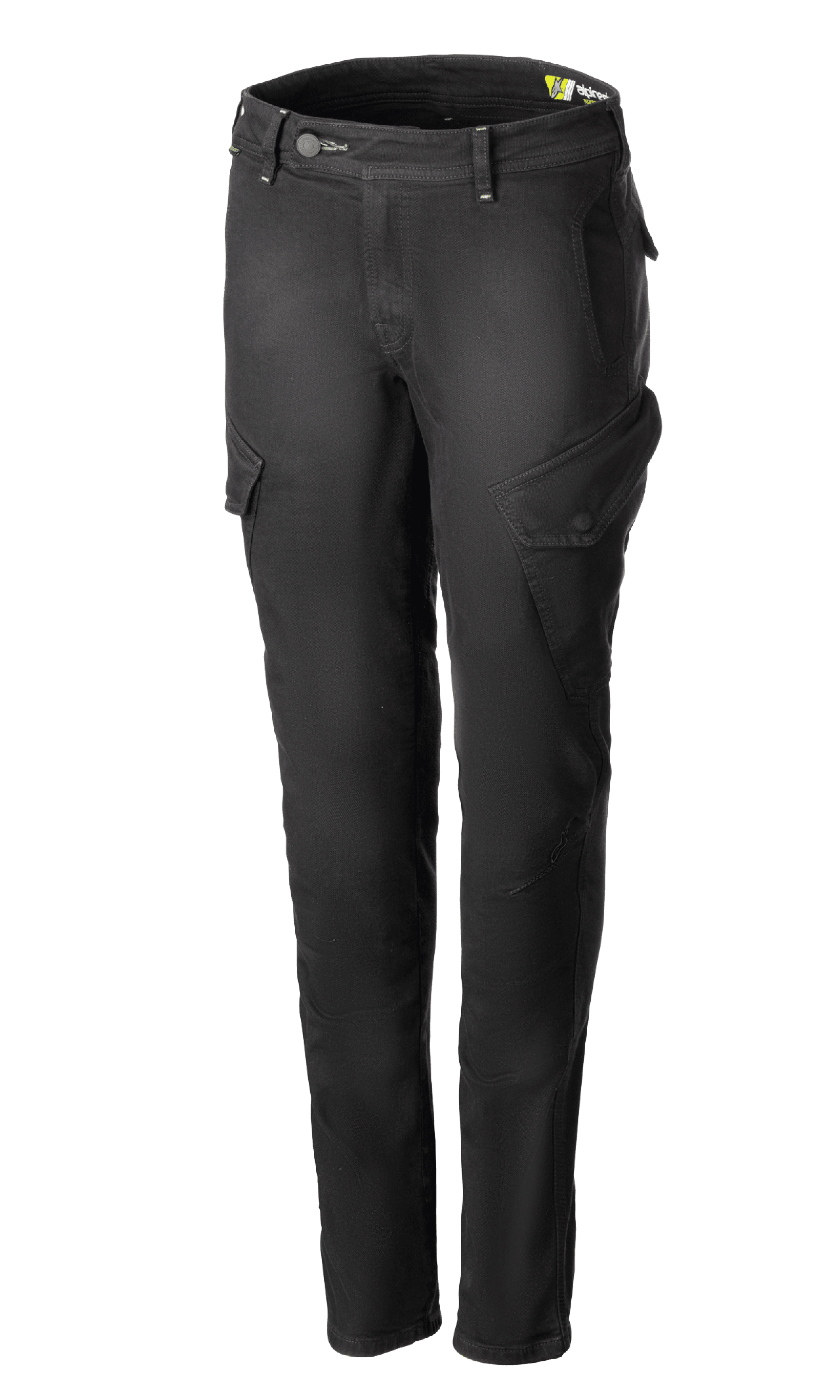 Alpinestars Caliber Women's Tech Riding Denim, antracitgrå motorcykel cargobukser, slim-fit silhuet med vinklede sidelommer med klap, bælteløkker og knap- og lynlåslukning, slidstærkt stretch Cordura-denim, urbant beskyttende køreudstyr.