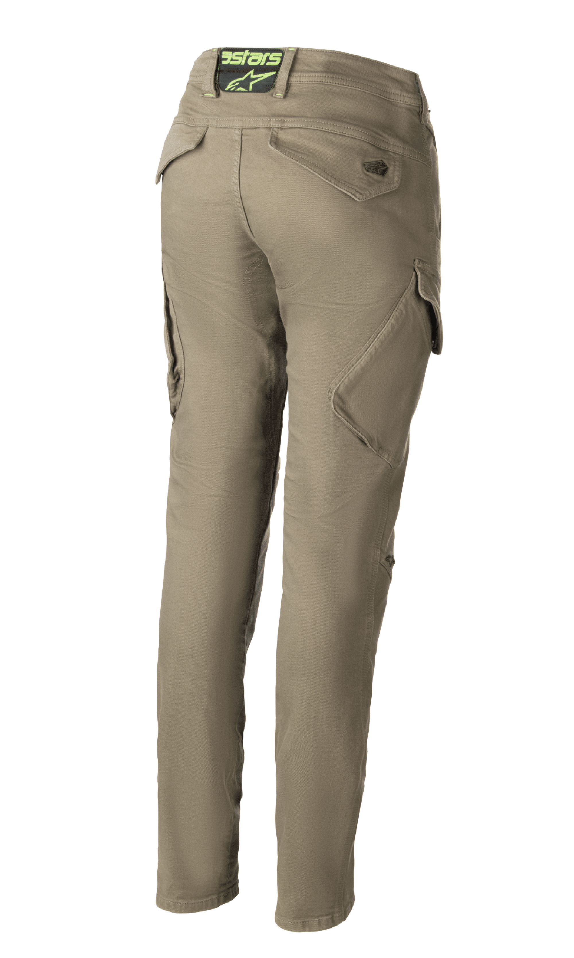 Alpinestars Caliber Tech Riding Denim til damer, militærgrønne motorcykelbukser, set bagfra, slim fit kamp-design med vinklede cargolommer, Astars-logo på den bageste linning, slidstærkt Cordura-stof