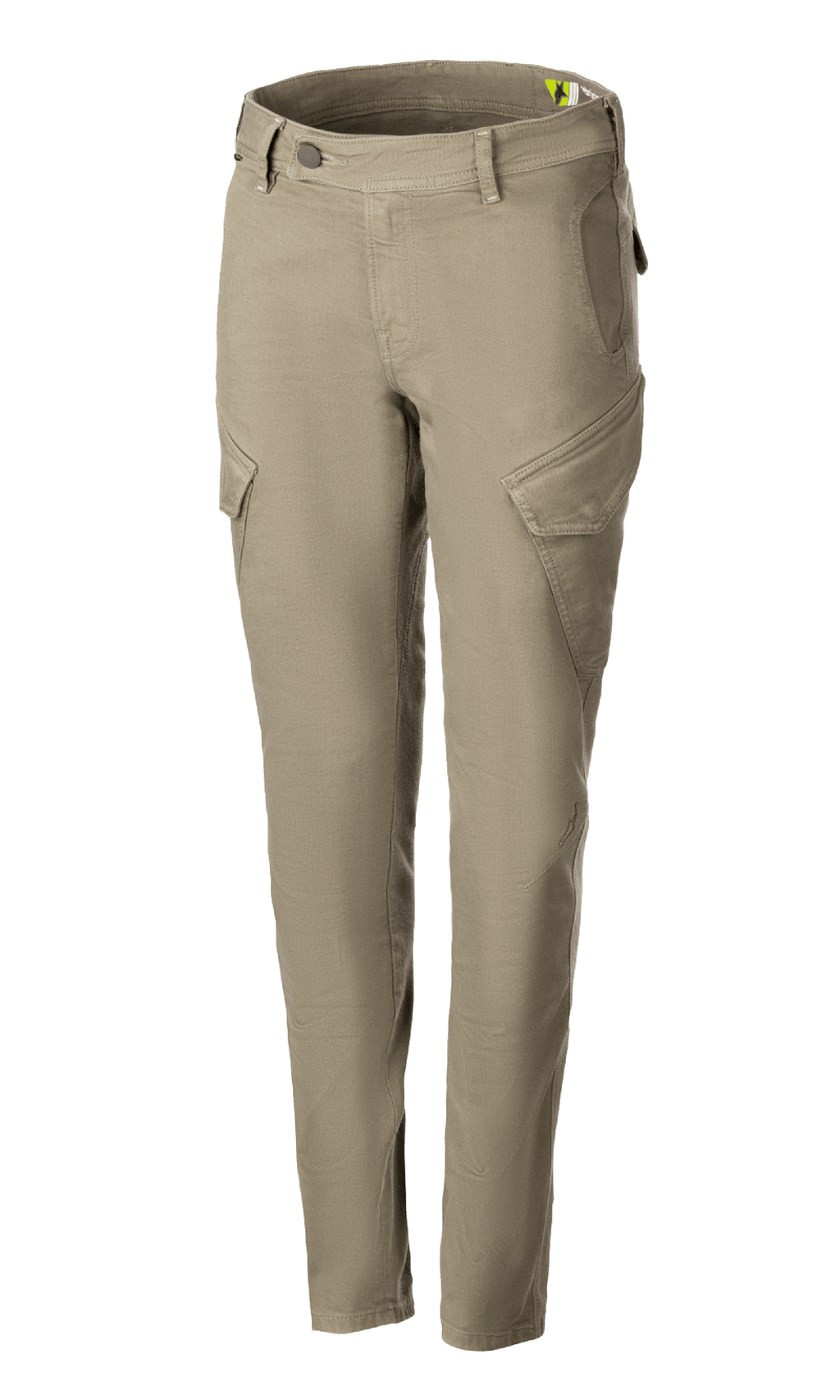 Alpinestars Caliber Tech Riding Denim til damer, motorcykelbukser, militærgrøn, combat-stil med vinklede cargolommer, slim tapered pasform, bælteløkker, knap- og lynlåslukning, slidstærkt stretch Cordura-stof til bykørsel