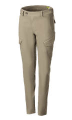 Alpinestars Caliber Tech Riding Denim til damer, motorcykelbukser, militærgrøn, combat-stil med vinklede cargolommer, slim tapered pasform, bælteløkker, knap- og lynlåslukning, slidstærkt stretch Cordura-stof til bykørsel