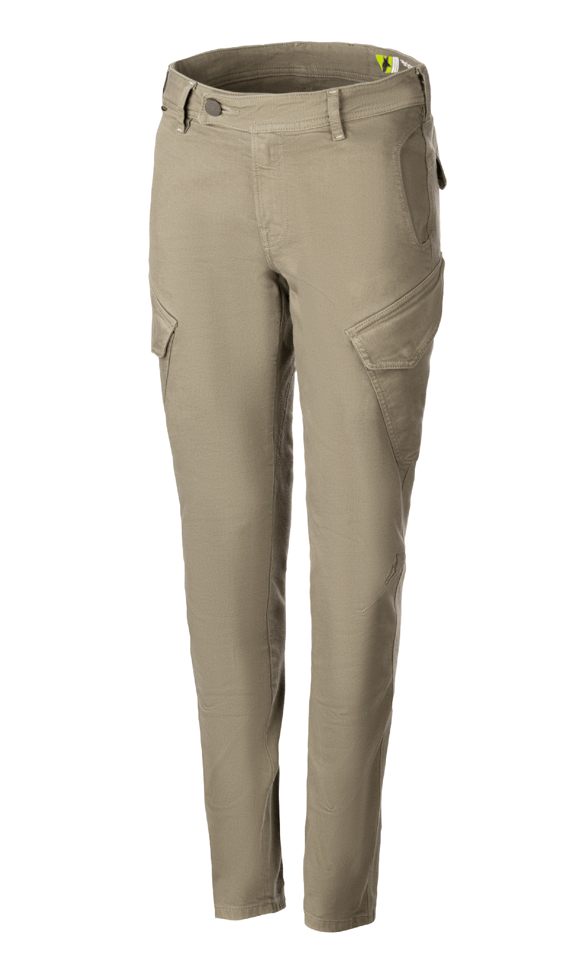 Alpinestars Caliber Tech Riding Denim til damer, motorcykelbukser, militærgrøn, combat-stil med vinklede cargolommer, slim tapered pasform, bælteløkker, knap- og lynlåslukning, slidstærkt stretch Cordura-stof til bykørsel