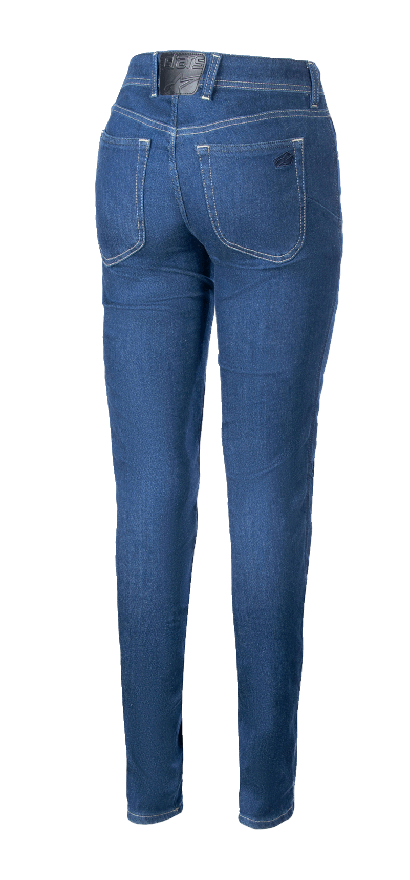 Alpinestars Daisy V3 kørejeans til damer, Rinse Blue, set bagfra, viser slim fit, to baglommer og sort logo-mærke på linningen, afslappet urbant motorcykeltøj