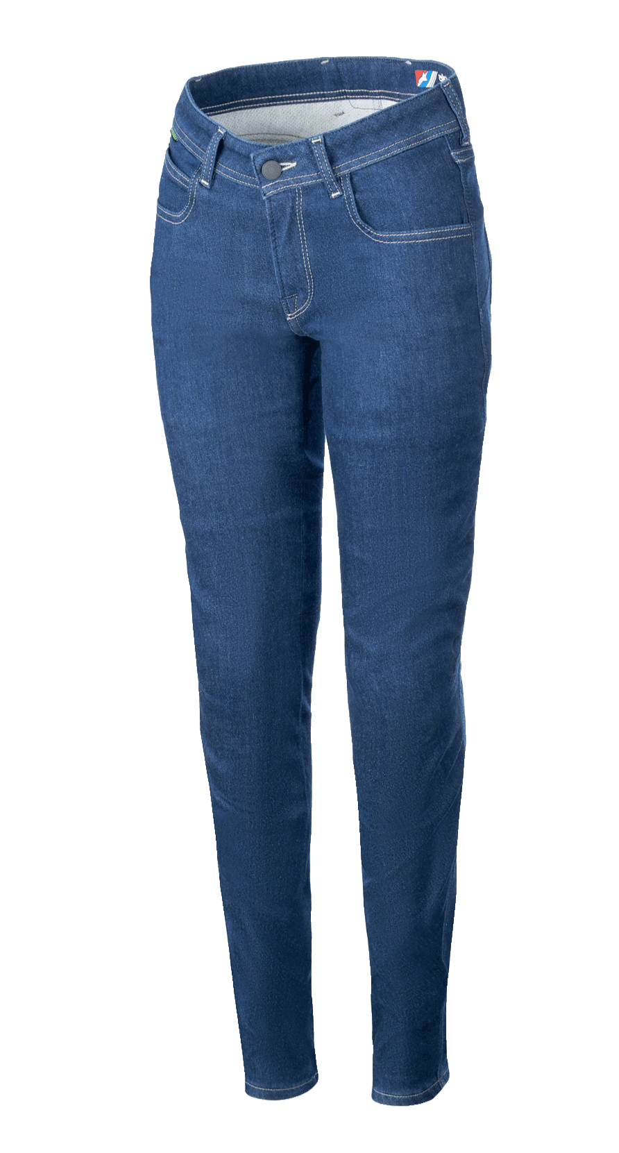 Alpinestars Daisy V3 motorcykeljeans til damer, Rinse Blue denim, slim fit, klassisk fem-lomme design, kontrastsyninger, højtaljet profil med tilspidsede ben