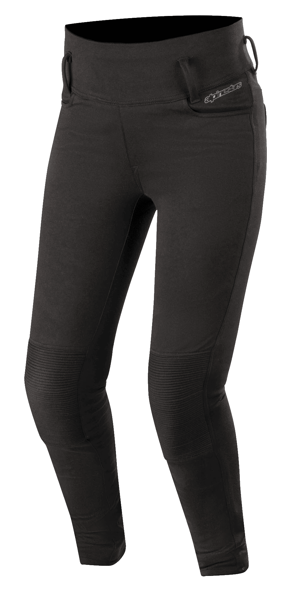 Alpinestars Banshee leggings til damer, sorte, tætsiddende motorcykel-leggings med forstærkede riflede knæpaneler, bæltestropper og design med høj talje, strømlinet sporty look til urban kørsel