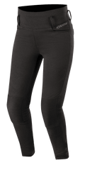 Alpinestars Banshee leggings til damer, sorte, tætsiddende motorcykel-leggings med forstærkede riflede knæpaneler, bæltestropper og design med høj talje, strømlinet sporty look til urban kørsel