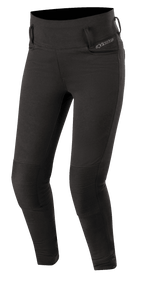 Alpinestars Banshee leggings til damer, sorte, tætsiddende motorcykel-leggings med forstærkede riflede knæpaneler, bæltestropper og design med høj talje, strømlinet sporty look til urban kørsel
