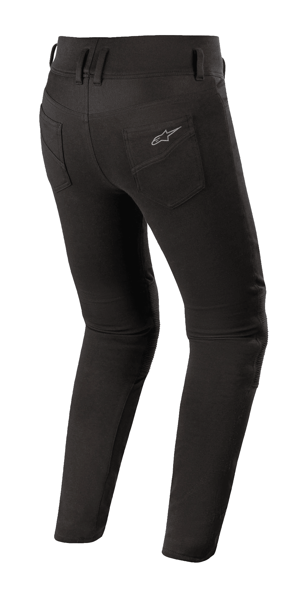Alpinestars Banshee leggings til damer, sorte motorcykel leggings, set bagfra med figursyet pasform, baglommer med Alpinestars-logo, anatomisk strækstof til urban kørsel
